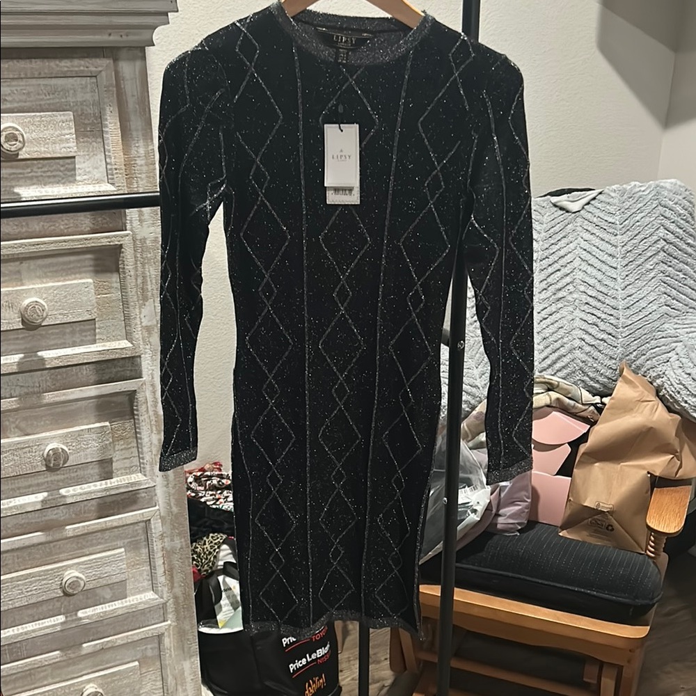 Lipsy Black Embellished Long Sleeve Bodycon Dress